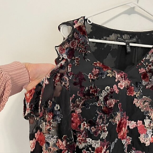 WHBM WHITE HOUSE BLACK MARKET Floral Velvet Burnout Cold Shoulder Blouse PETITE - Picture 6 of 12